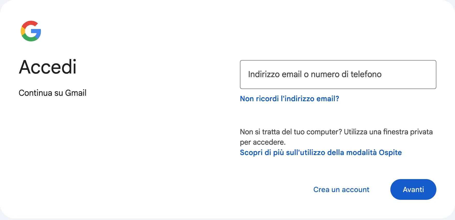 Schermata di accesso all'account Gmail