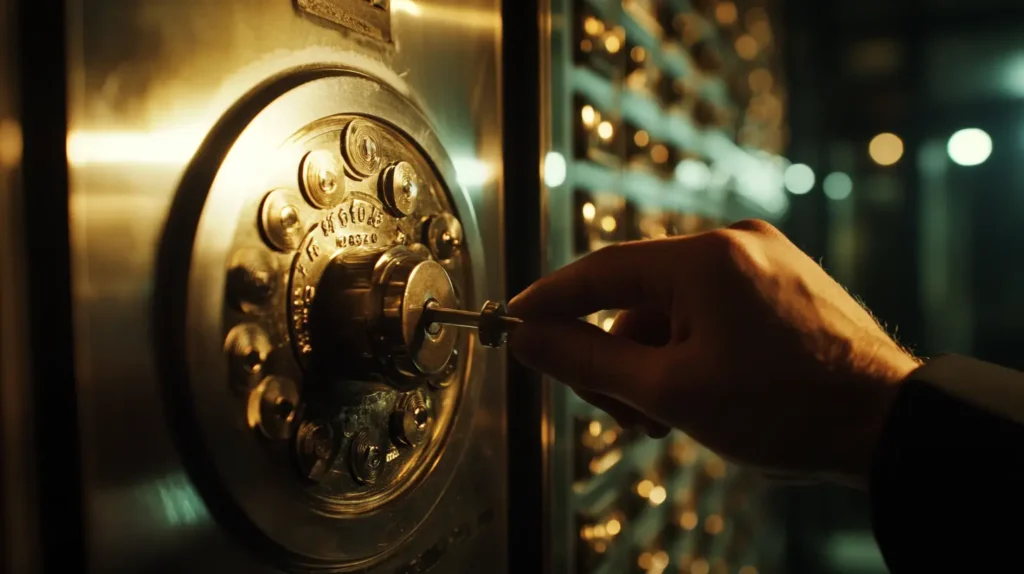 Cassetta di sicurezza in un caveau bancario illuminato da un faretto.