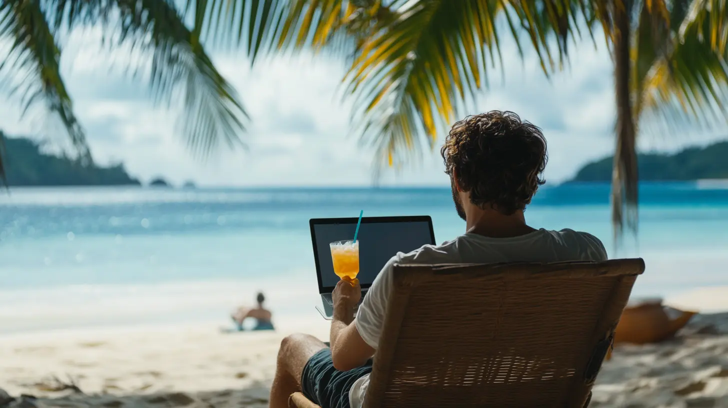 Persona che lavora da remoto su una spiaggia tropicale, godendo della libertà finanziaria.