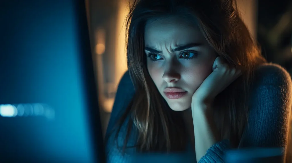 femme devant l'écran d'ordinateur inquiète car elle ne se souvient pas du mot de passe de son compte gmail