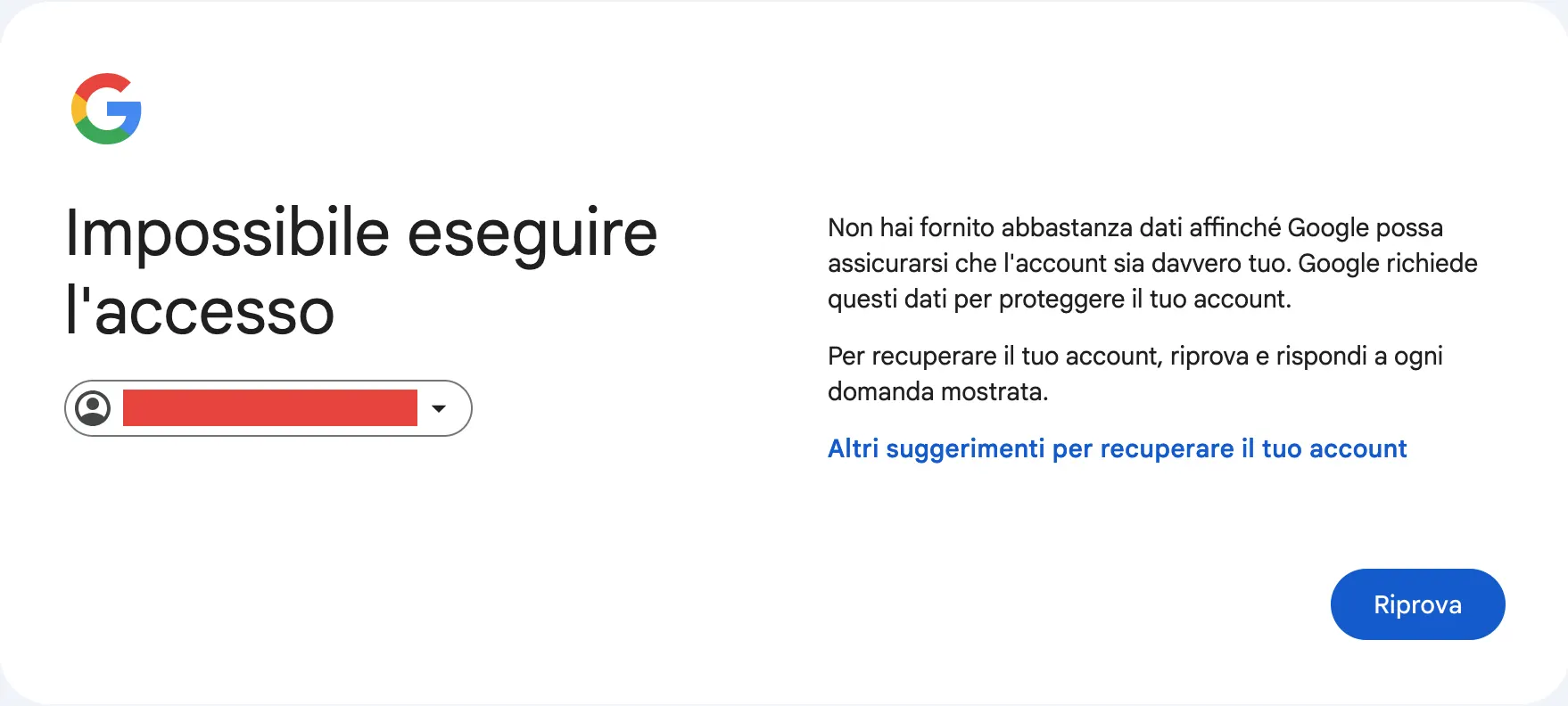 Messaggio di impossibilità di accedere all'account Gmail e interruzione della procedura di recupero password.