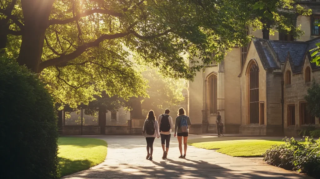 Studenti che camminano nel cortile dell'Universit&agrave; di Oxford