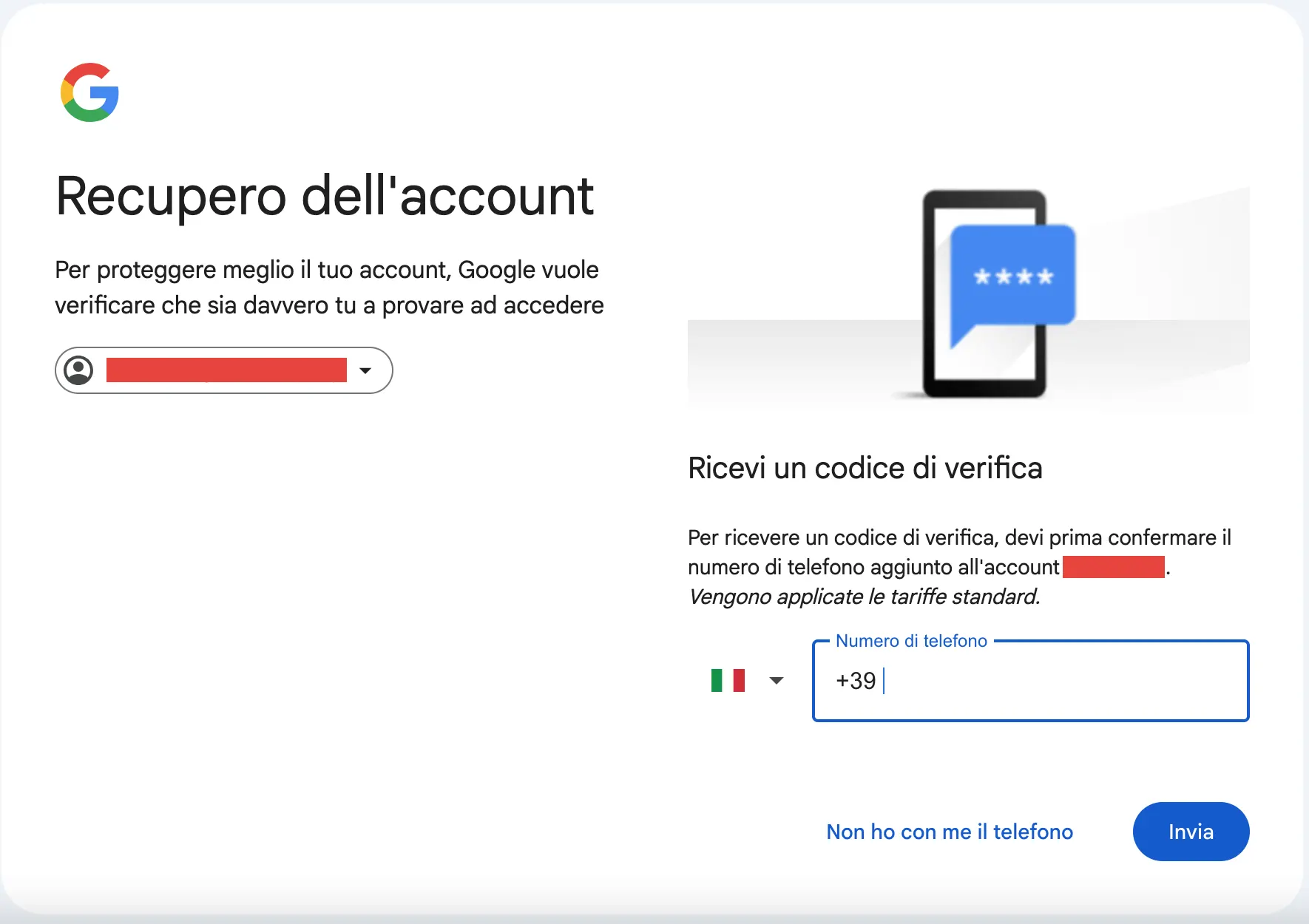 Recupero dell'account Gmail tramite invio di codice di verifica via SMS.