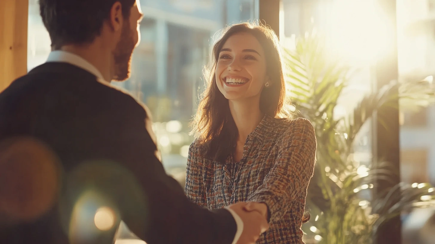 Una persona stringe la mano a un consulente finanziario, simbolo di fiducia e speranza nel futuro finanziario.