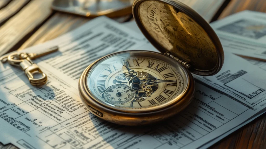 Un orologio da taschino aperto con documenti finanziari, rappresentando i tempi di erogazione della cessione del quinto