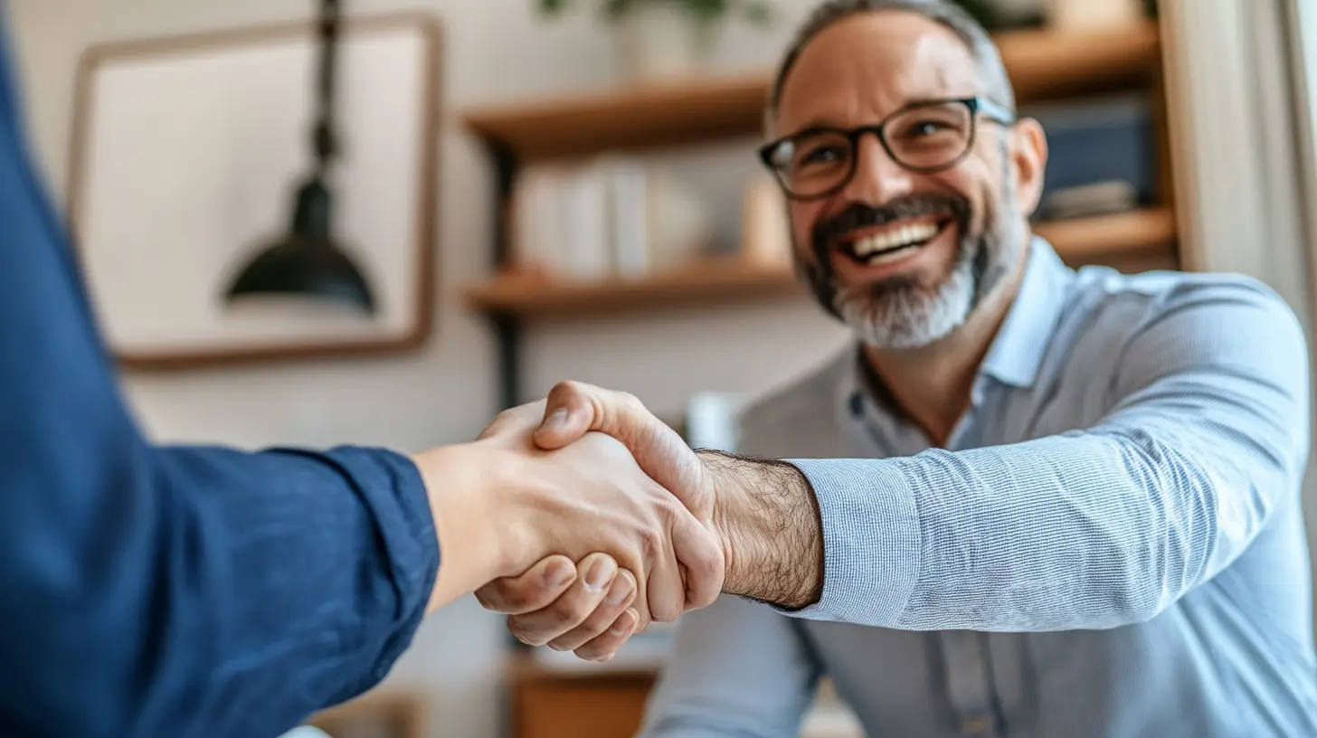 Una persona stringe la mano a un consulente finanziario, simbolo di un prestito senza garanzie ottenuto con successo