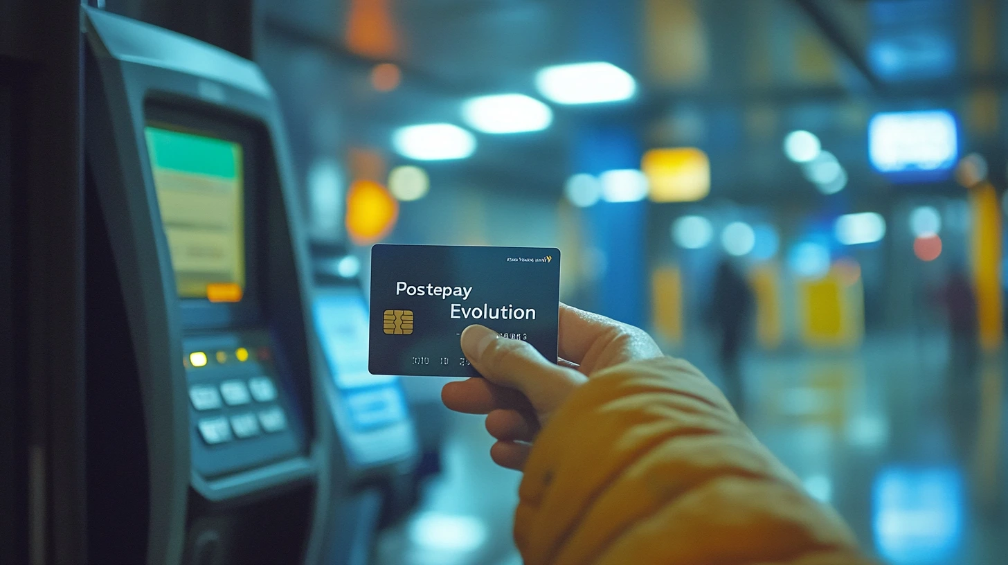 Carta Postepay Evolution con ATM Postamat e POS sullo sfondo