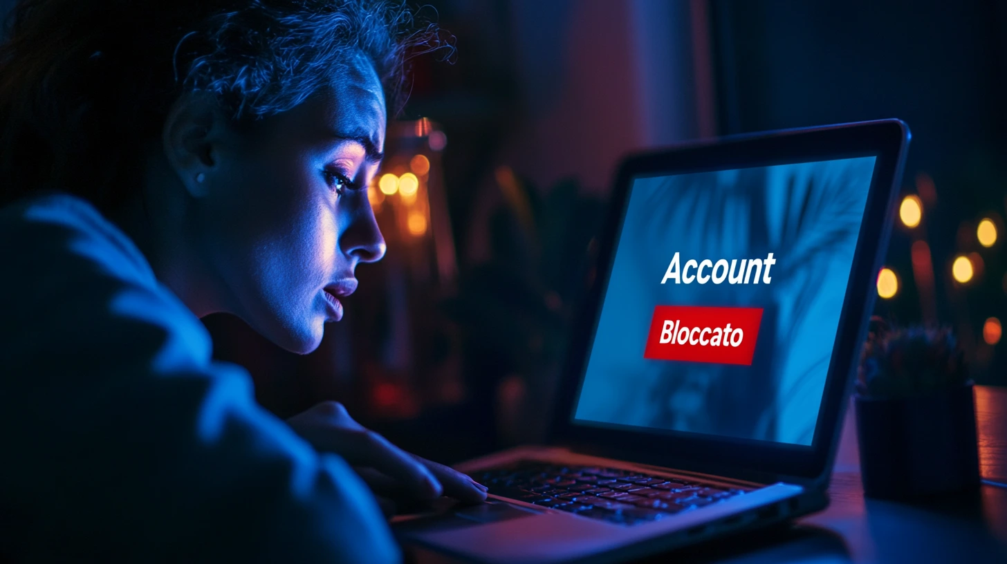 Persona preoccupata che guarda un messaggio di errore di account bloccato su un laptop