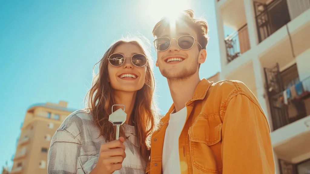 Hipotecas para primera vivienda: la guía completa Joven pareja feliz con las llaves de su nueva casa