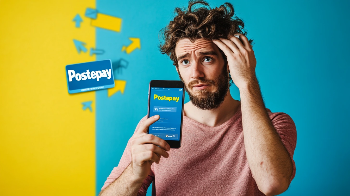 Uomo frustrato che non riesce a trovare contatti sull'app Postepay