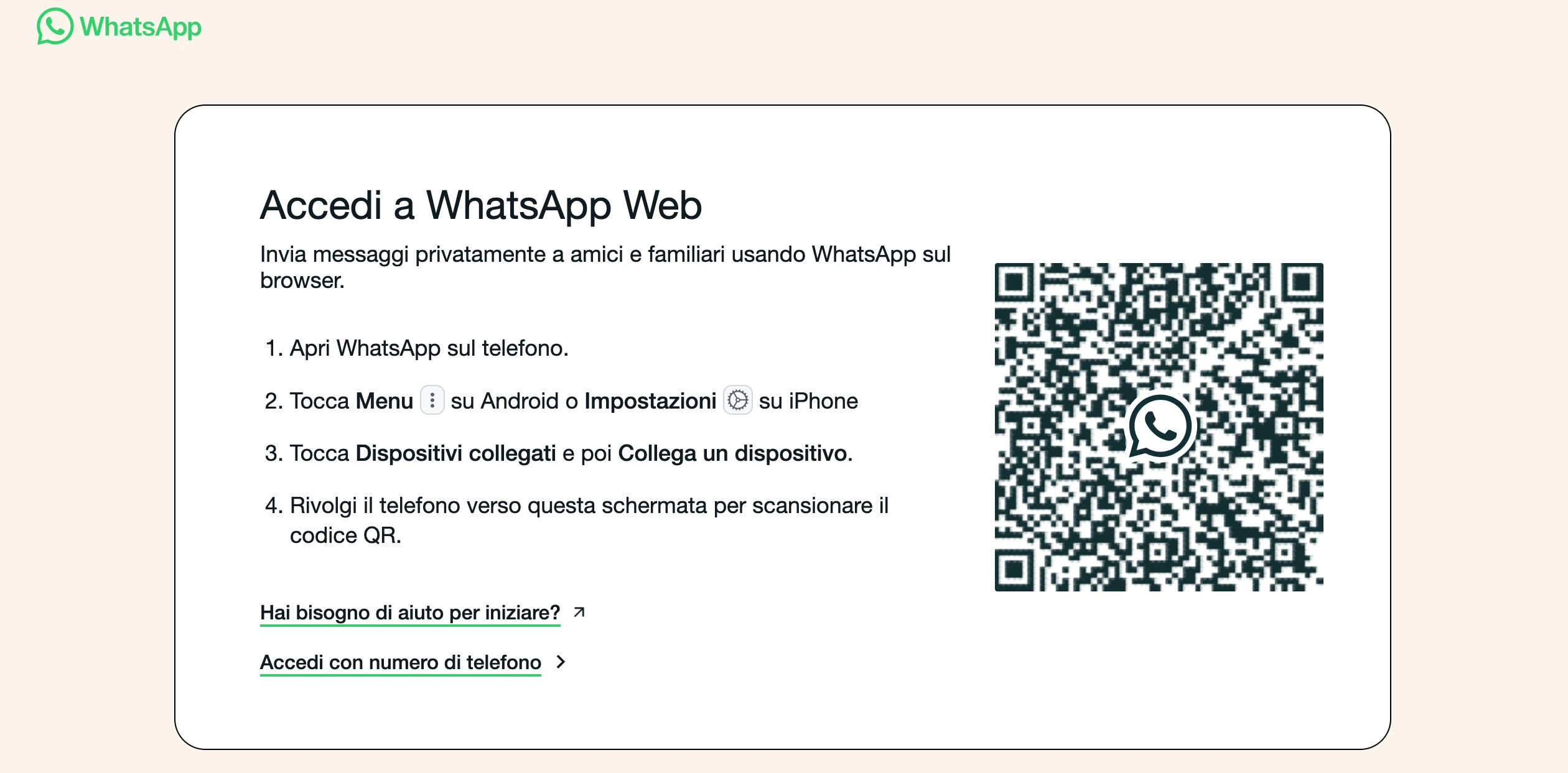 Schermata di accesso di WhatsApp Web