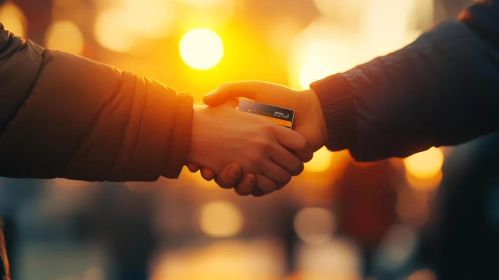 Carta Prepagata Cointestata: Un Mito da Sfatare Due persone si stringono la mano, reggendo una carta prepagata.