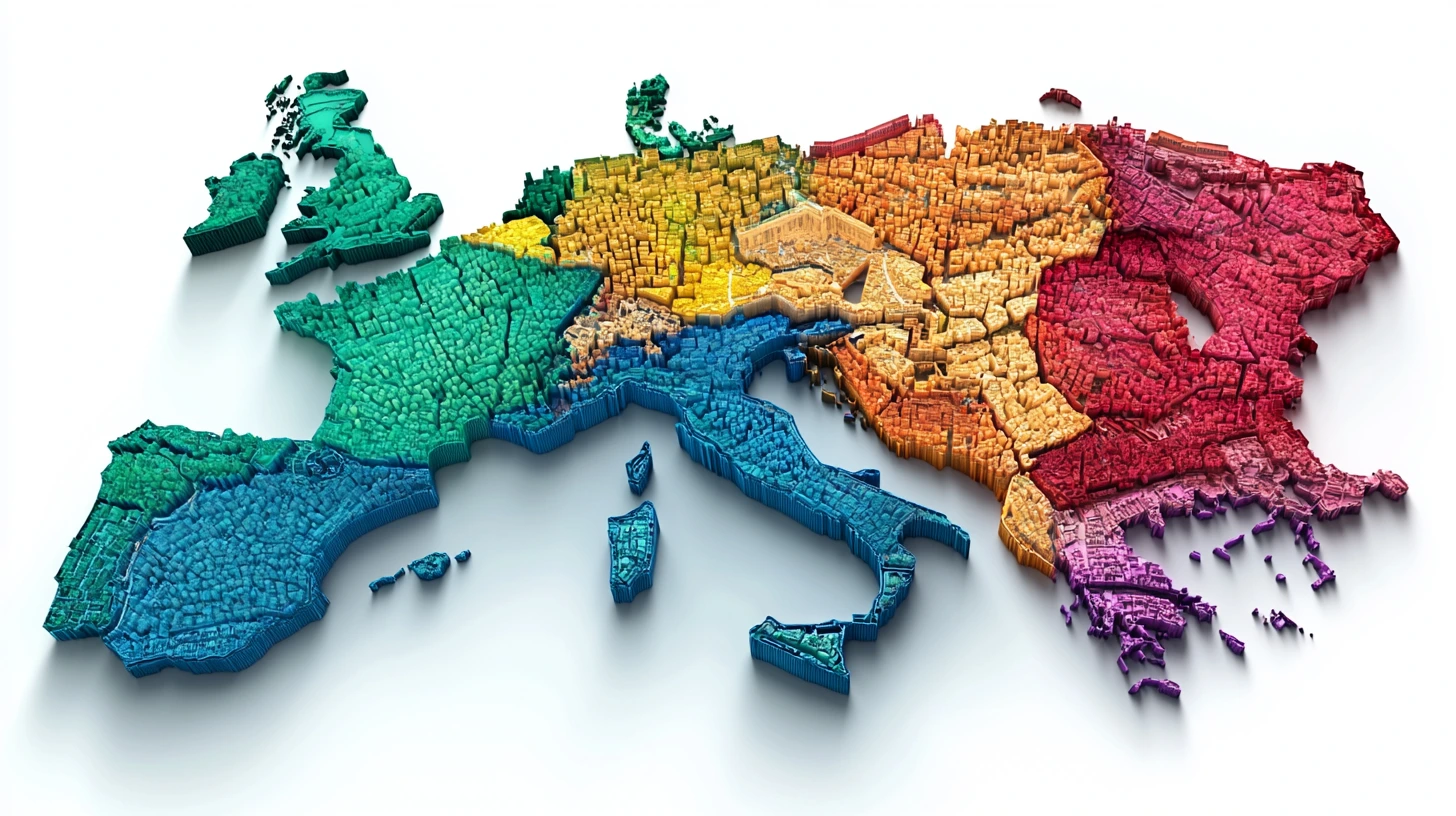 Mappa dell'Italia e dell'europa con le zone catastali catastali dei comuni