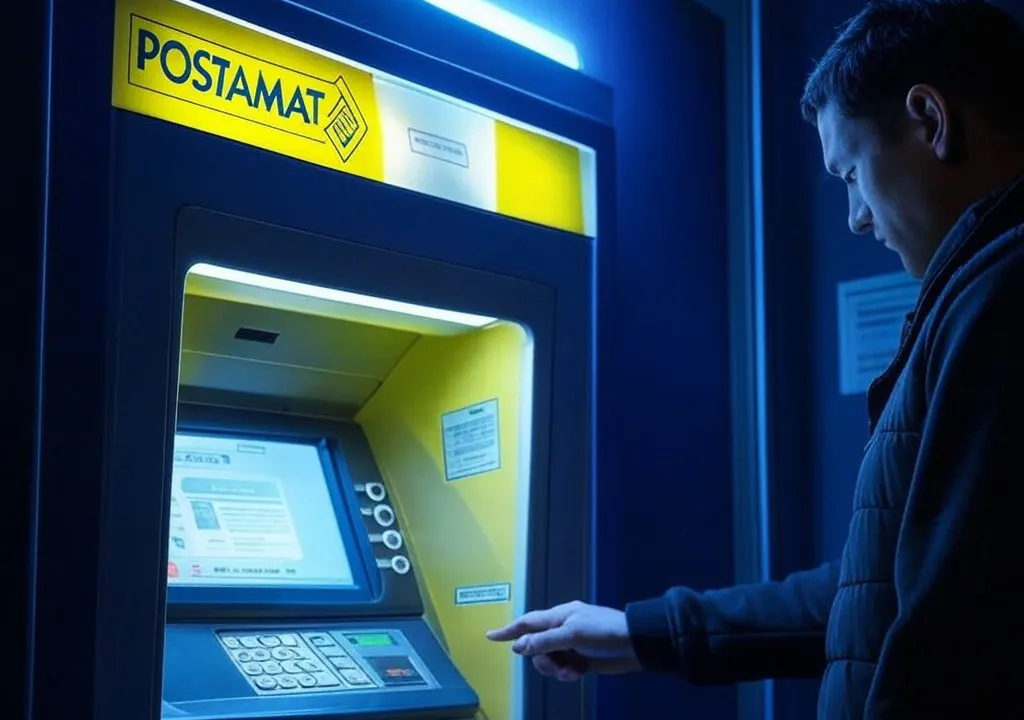 Una persona che preleva contanti da un Postamat con un bancomat.