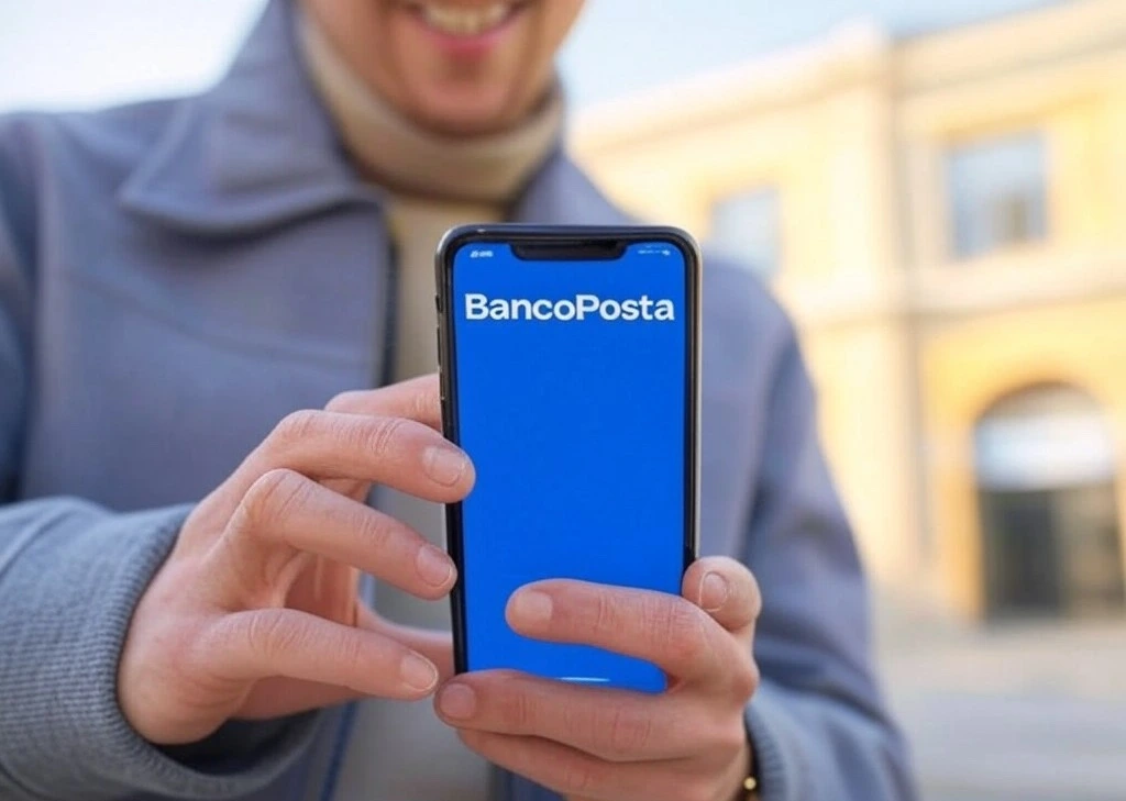 Persona che usa l'app BancoPosta per autorizzare un pagamento online.