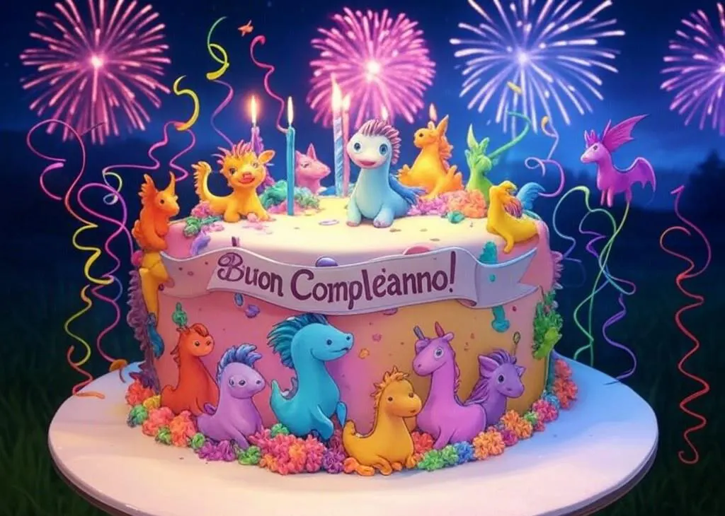 torta di compleanno con animali fantastici