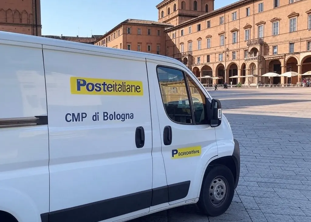 Furgoncino nella città di Bologna con logo Poste Italiane e indirizzo CMP Bologna