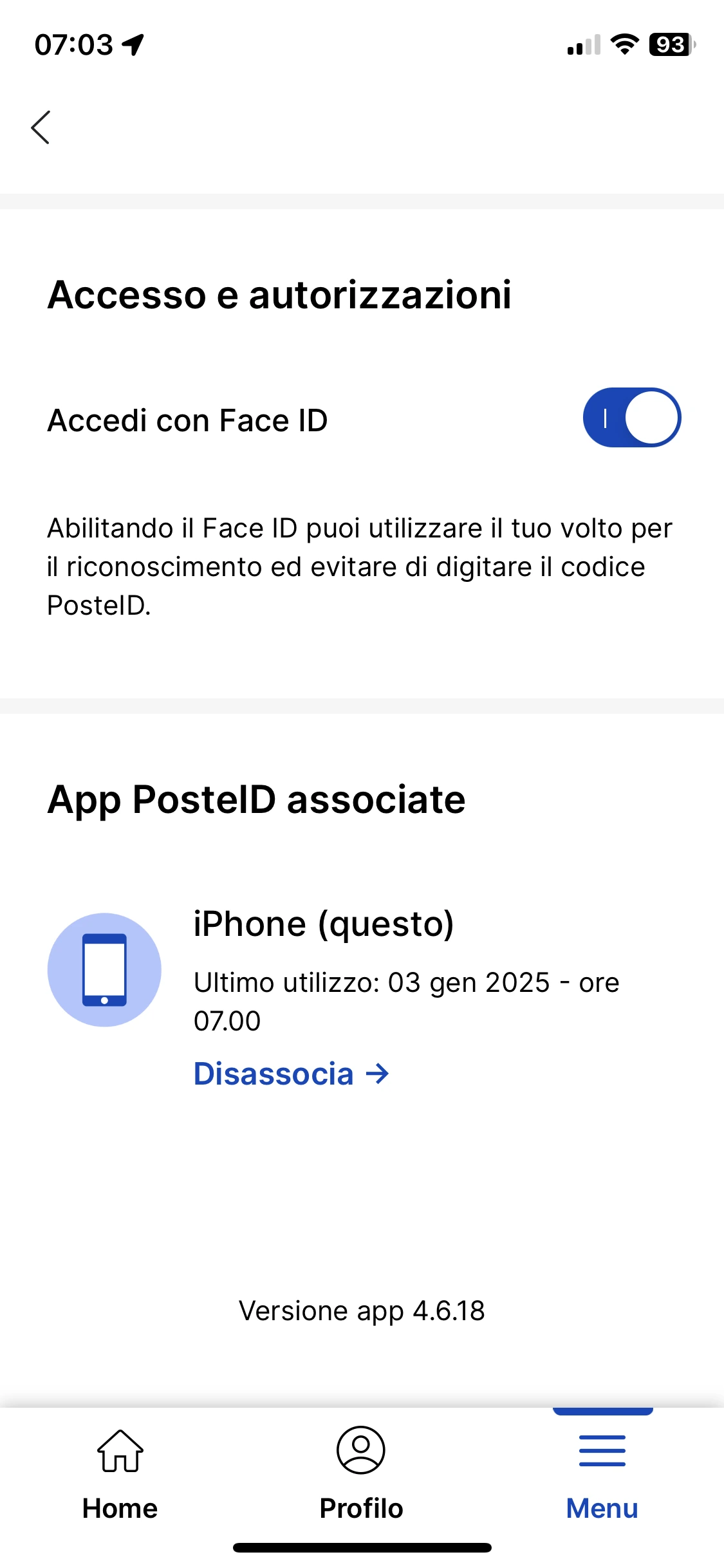 schermata dell'app posteid che evidenzia l'opzione per disassociare un dispositivo