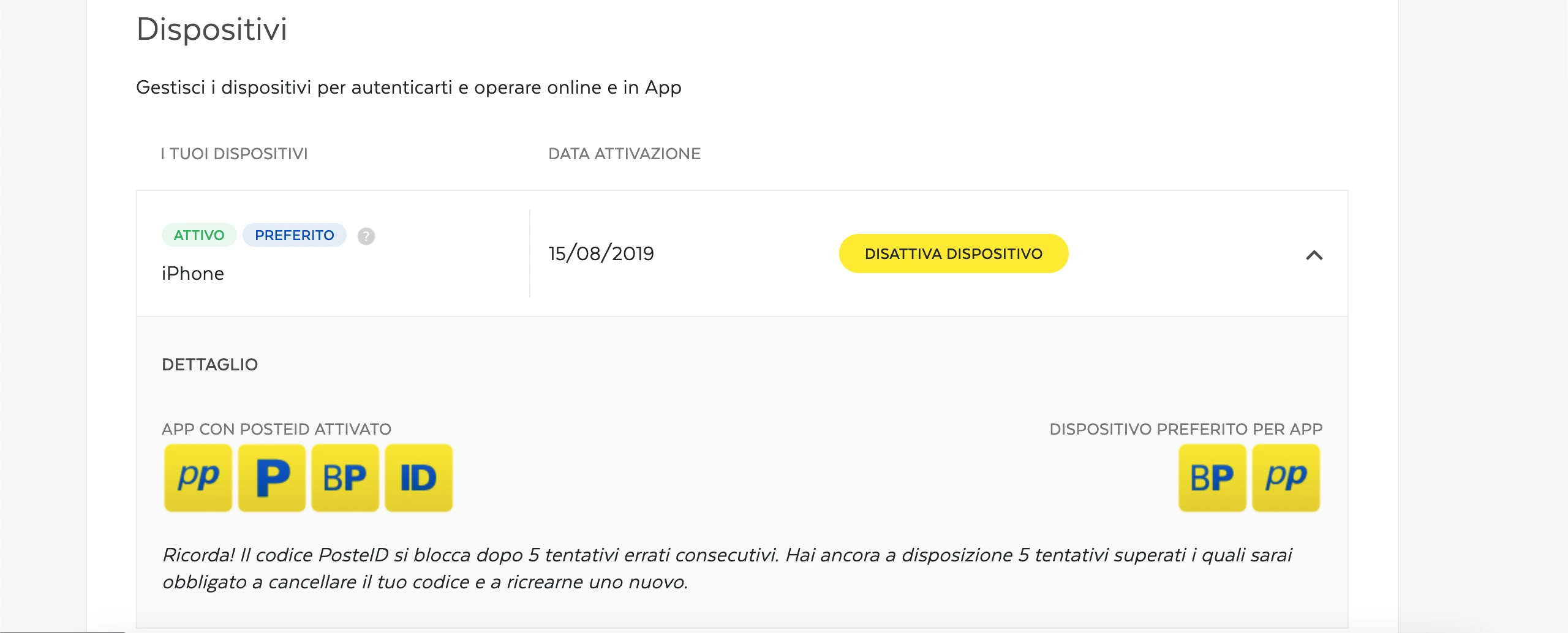 schermata desktop del profilo Poste.it dove disassociare il dispositivo da Poste ID