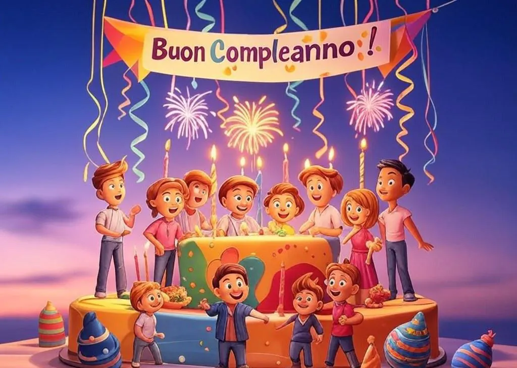 fumetto di una torta di compleanno e amici