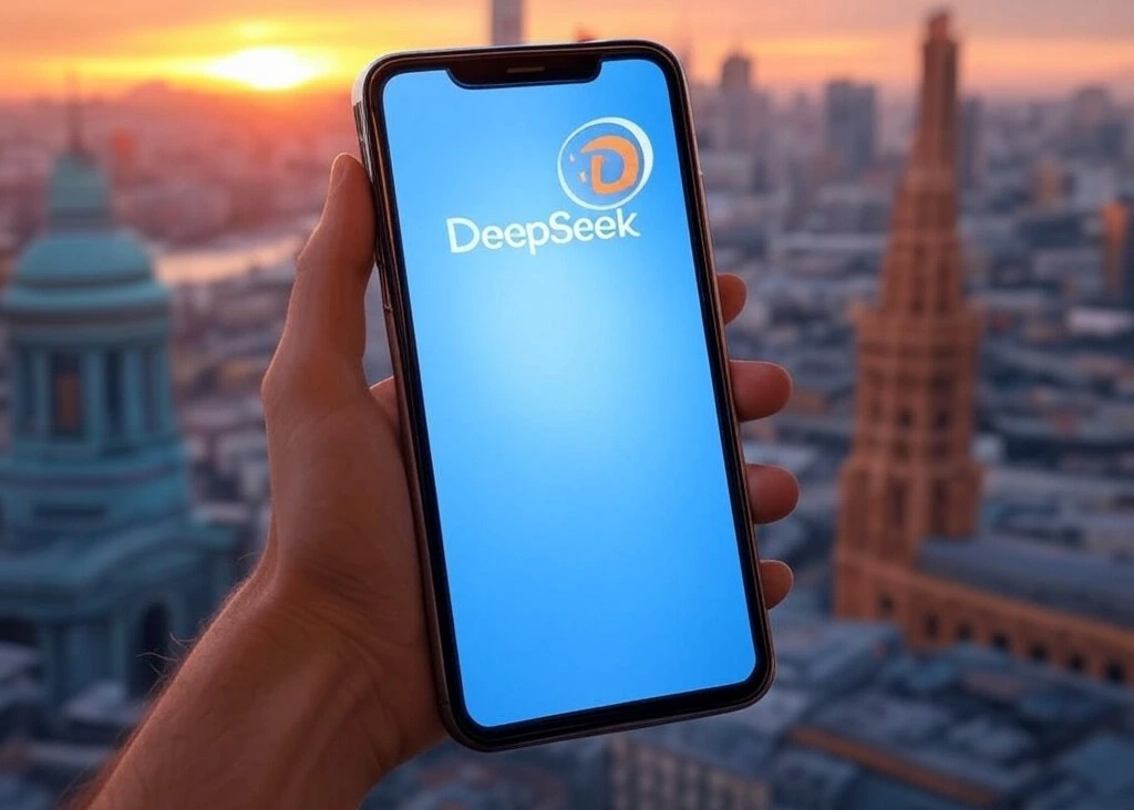 Smartphone con l'app DeepSeek aperta, che inquadra un punto di riferimento