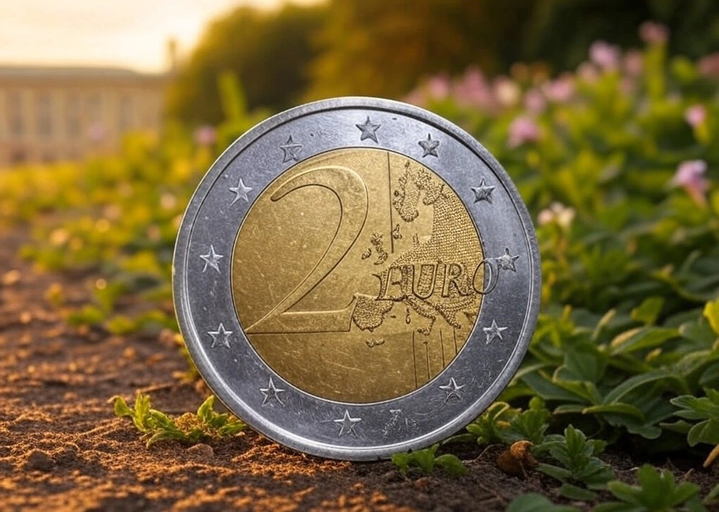 Moneta da 2 euro in un giardino fiorito