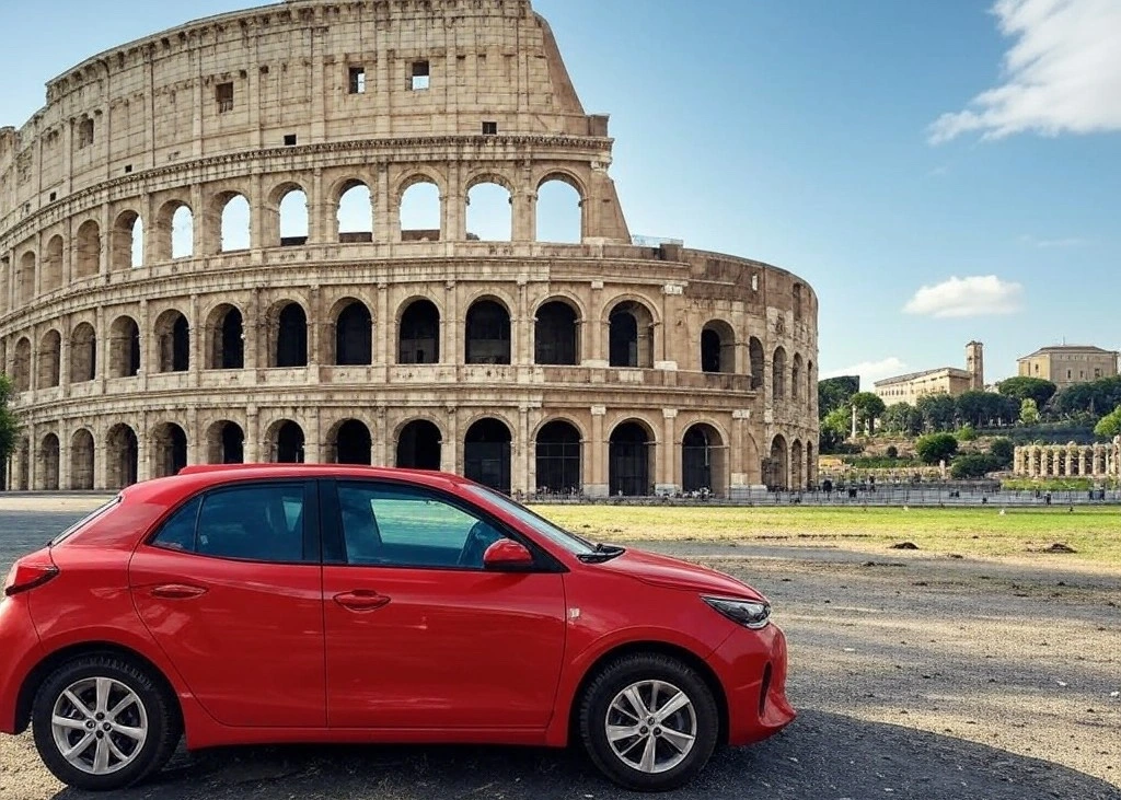 Auto a noleggio parcheggiata di fronte al Colosseo a Roma