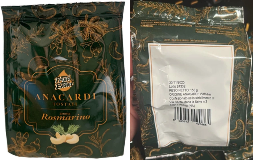 Confezione di Anacardi Tostati Aroma Rosmarino Fruits Better richiamata per presenza di infestanti.