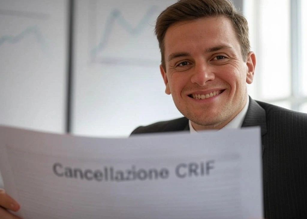 Uomo con documento "Cancellazione CRIF"