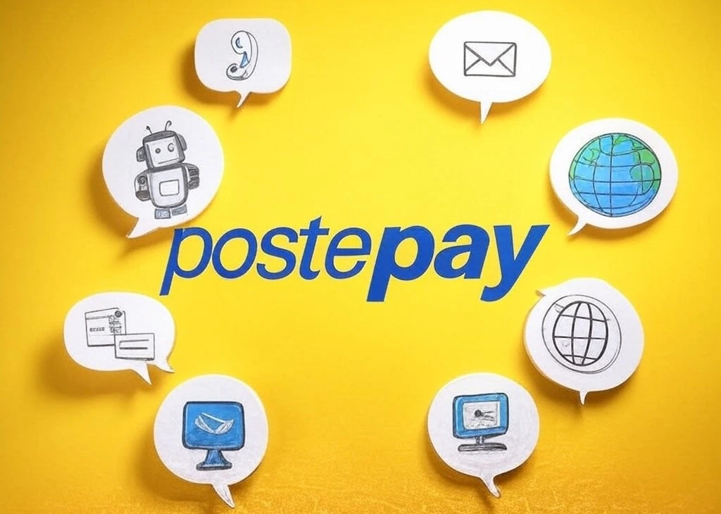 logo postepay con intorno vari simboli a rappresentare i contatti Postepay: email, internet, chatbot, telefono