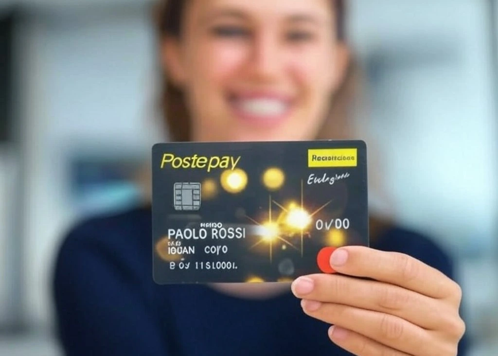 Persona che utilizza la carta Postepay Evolution per un pagamento digitale sicuro