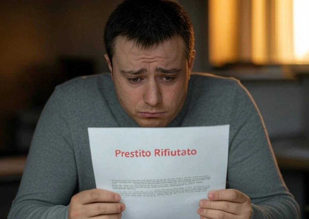 Persona triste che legge la comunicazione di rifiuto della sua richiesta di prestito Postepay