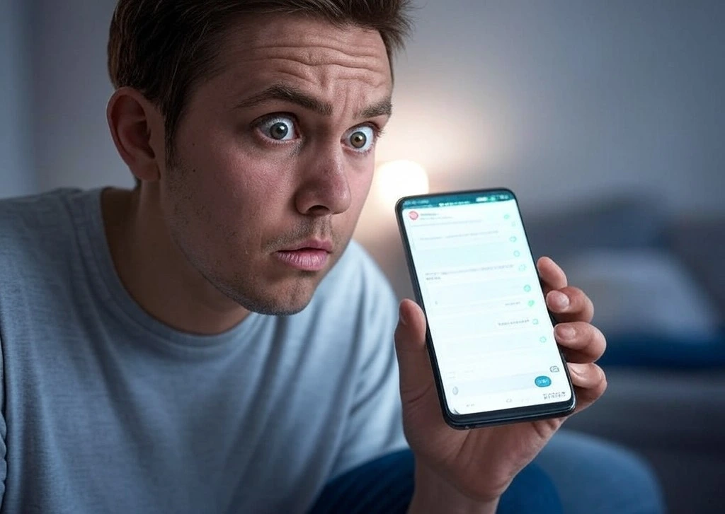 Persona sorpresa che guarda la bufala della terza spunta blu su WhatsApp