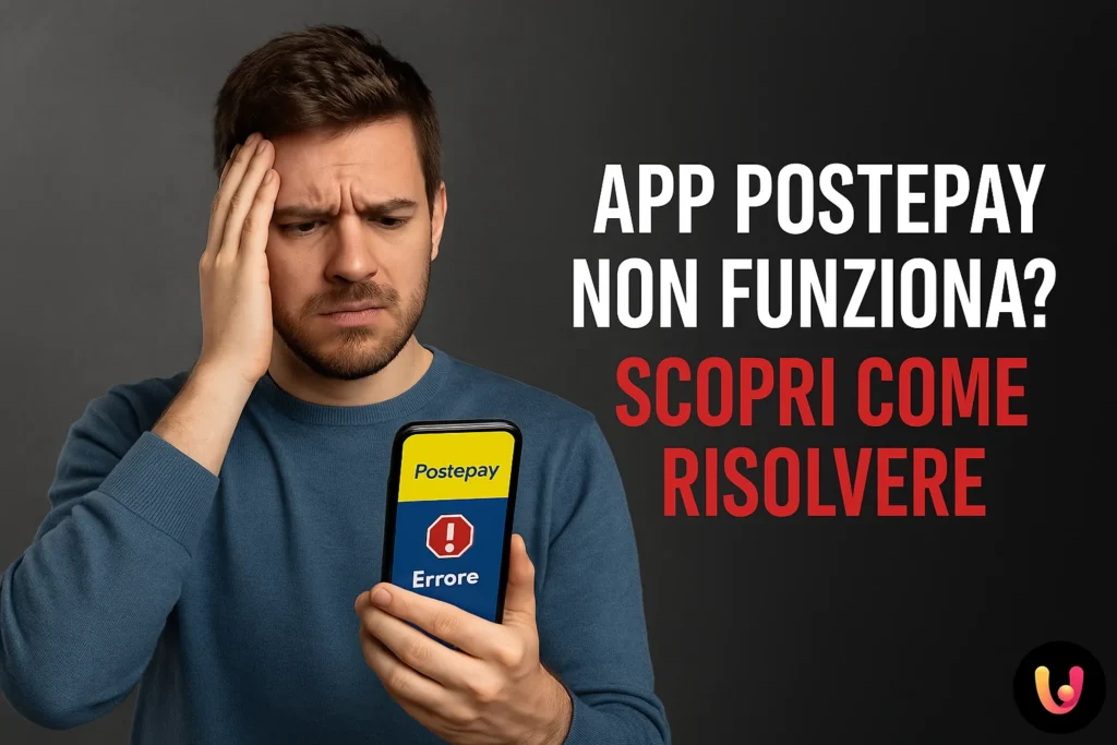Utente preoccupato con smartphone in mano e app Postepay bloccata