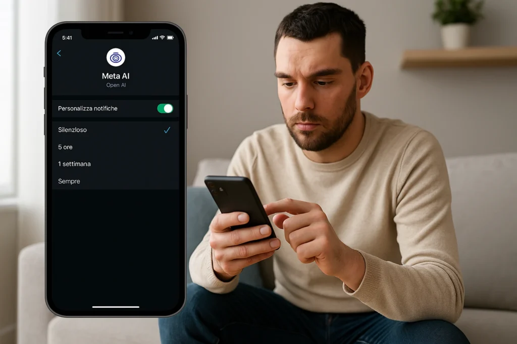 Uomo controlla le impostazioni di notifica su WhatsApp per silenziare Meta AI