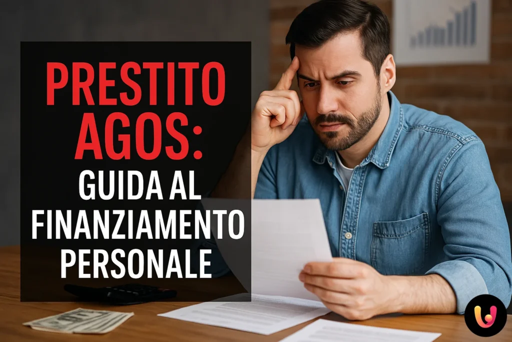 Uomo riflessivo mentre consulta documenti per un prestito Agos, con elementi visivi legati al denaro.