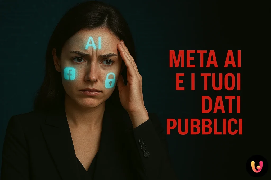 Meta AI et Vos Données Publiques : Comment s’Opposer à l’Entraînement et Protéger Votre Vie Privée Persona preoccupata davanti al computer, simboli di Meta AI e dati digitali in background
