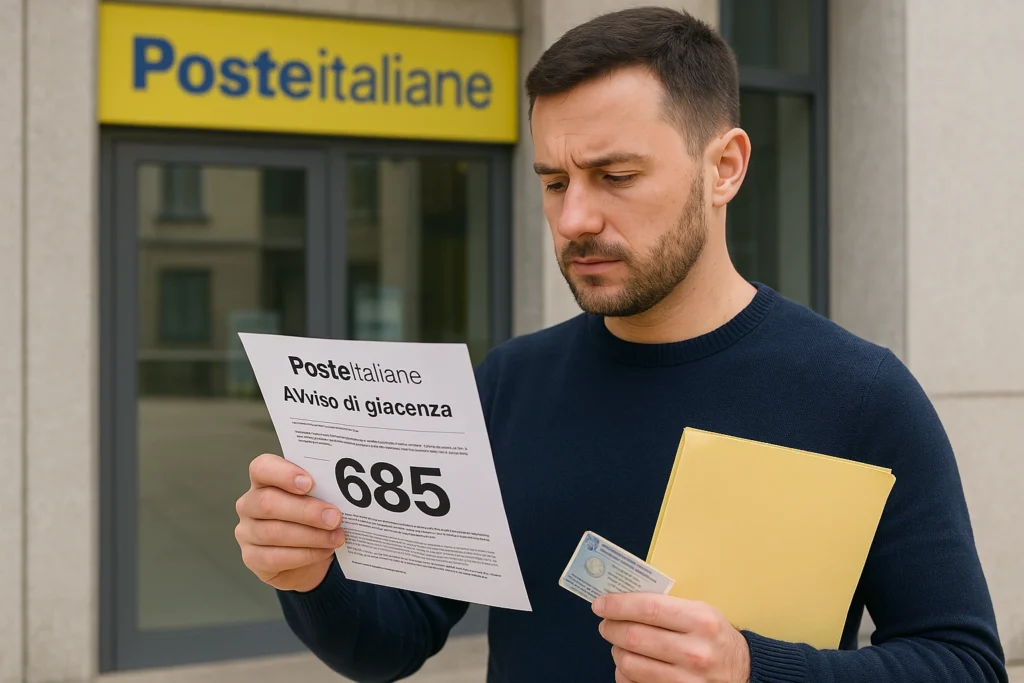 Uomo controlla un avviso di giacenza con codice 685 davanti all’ufficio postale