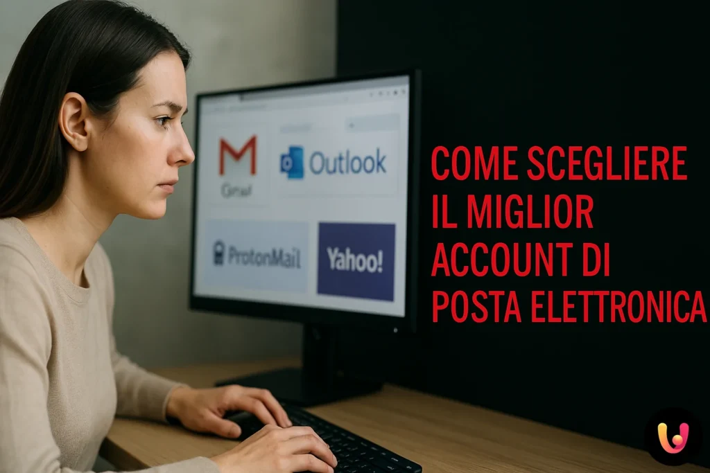 Femme comparant des fournisseurs de messagerie sur un écran d'ordinateur pour découvrir comment choisir le meilleur compte de messagerie électronique