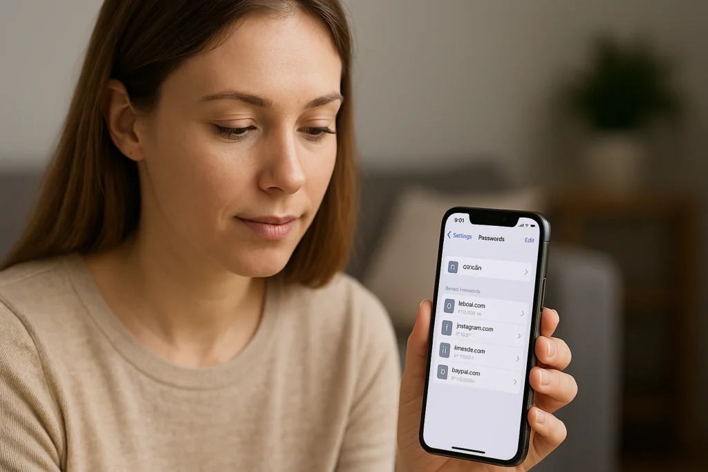 So zeigen Sie gespeicherte Passwörter auf dem iPhone an Frau zeigt gespeicherte Passwörter auf dem iPhone über den Schlüsselbund an