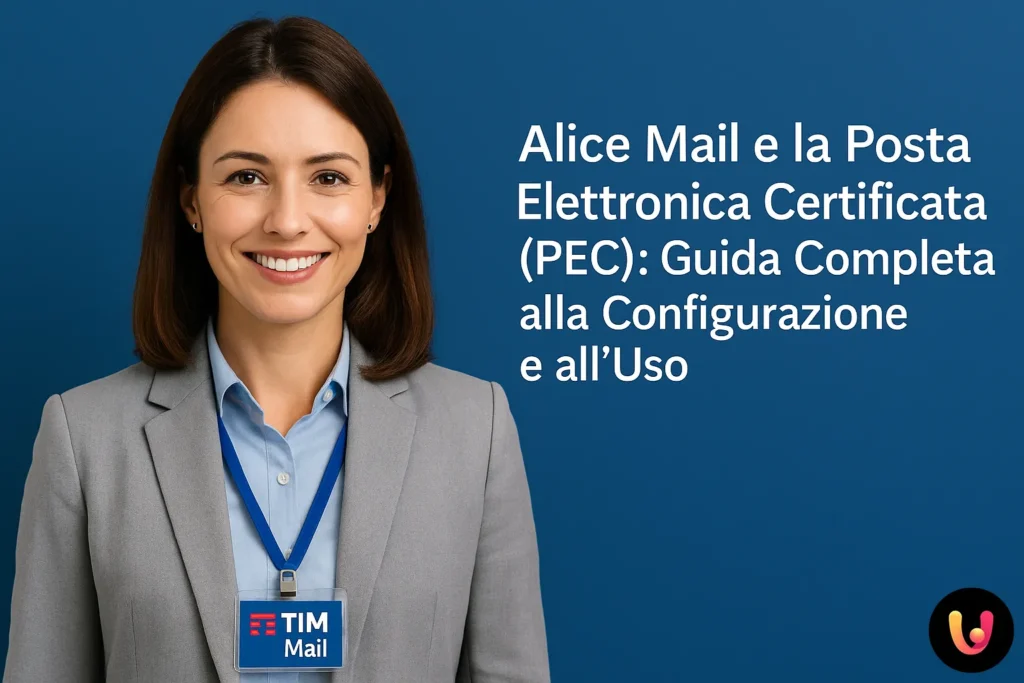 Alice Mail und die Zertifizierte E-Mail (PEC): Vollständiger Leitfaden zur Einrichtung und Nutzung Professionelle Frau mit TIM Mail-Ausweis und PEC-Leitfaden-Titel