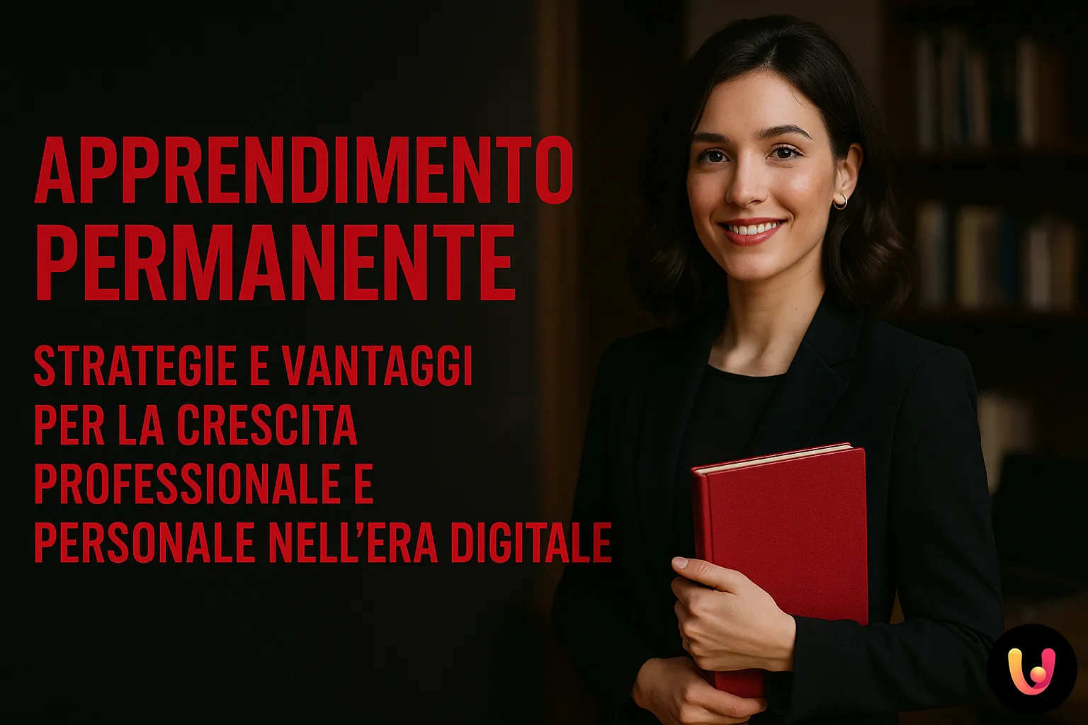 Apprendimento Permanente: strategie per la crescita nell’era digitale Donna professionale con libro rosso, simbolo dell’apprendimento permanente e crescita personale