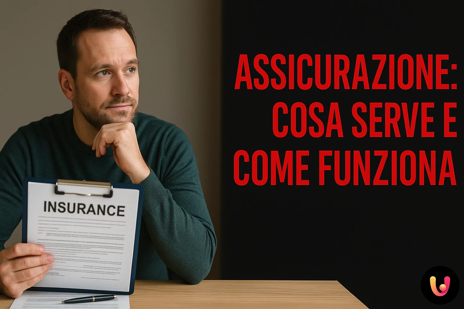 Assicurazione: cos’è, come funziona, perché è utile Persona riflessiva con documenti assicurativi in mano cerca di capire come funziona un'assicurazione. Titolo in rosso su sfondo nero