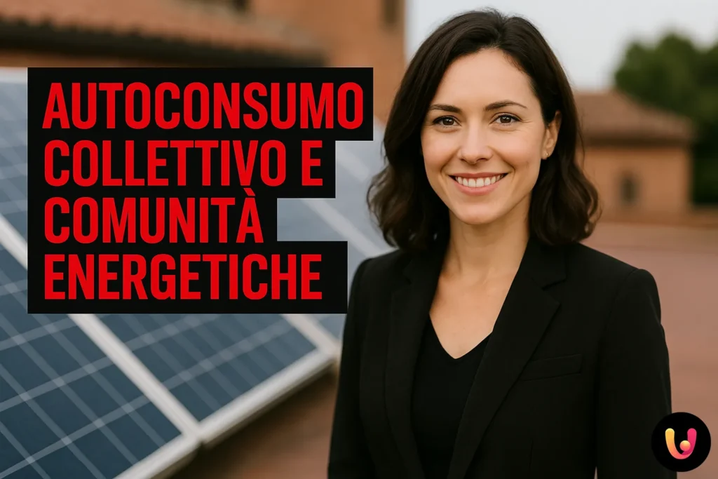 Donna sorridente in giacca nera davanti a pannelli solari su tetto condominiale