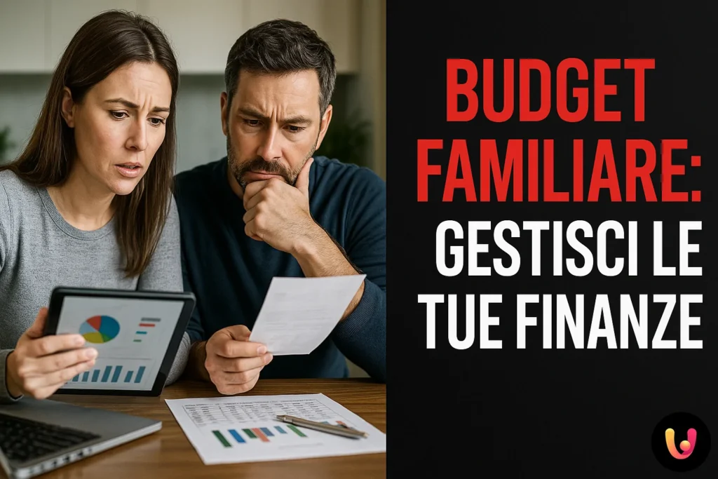 Famiglia che analizza il budget mensile con un tablet e grafici
