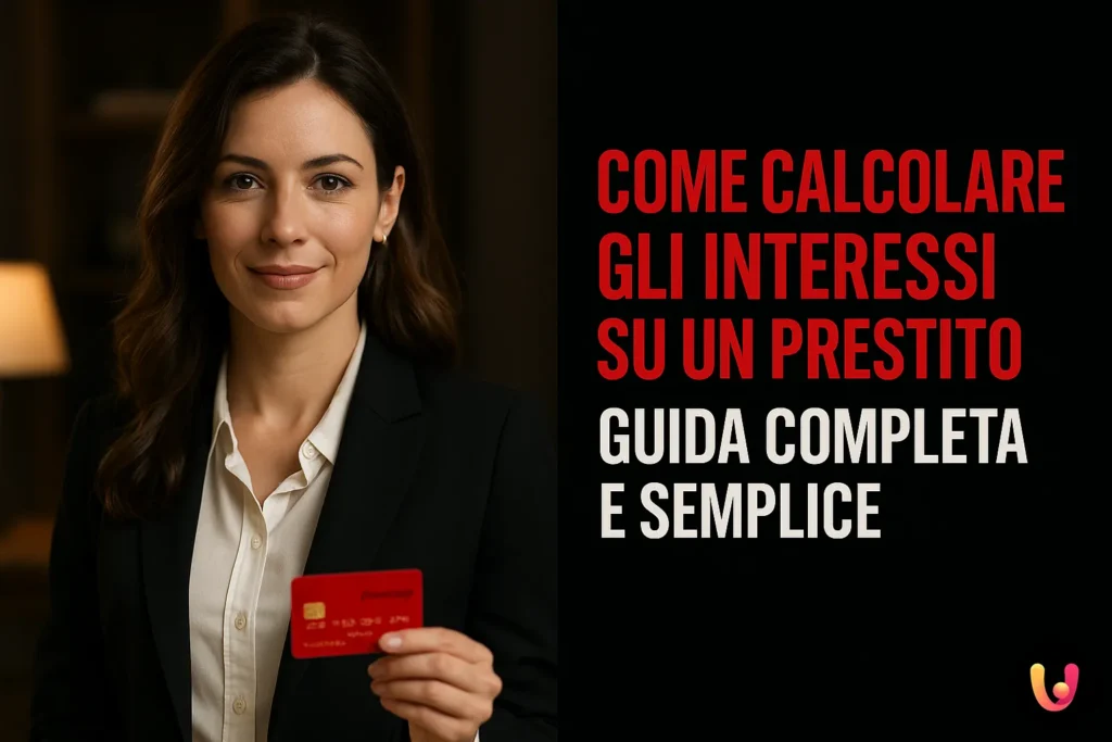 Donna professionale con carta rossa in mano e titolo guida sul calcolo degli interessi