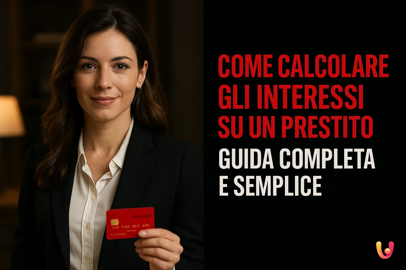 Calcolo degli interessi su un prestito: guida pratica Donna professionale con carta rossa in mano e titolo guida sul calcolo degli interessi