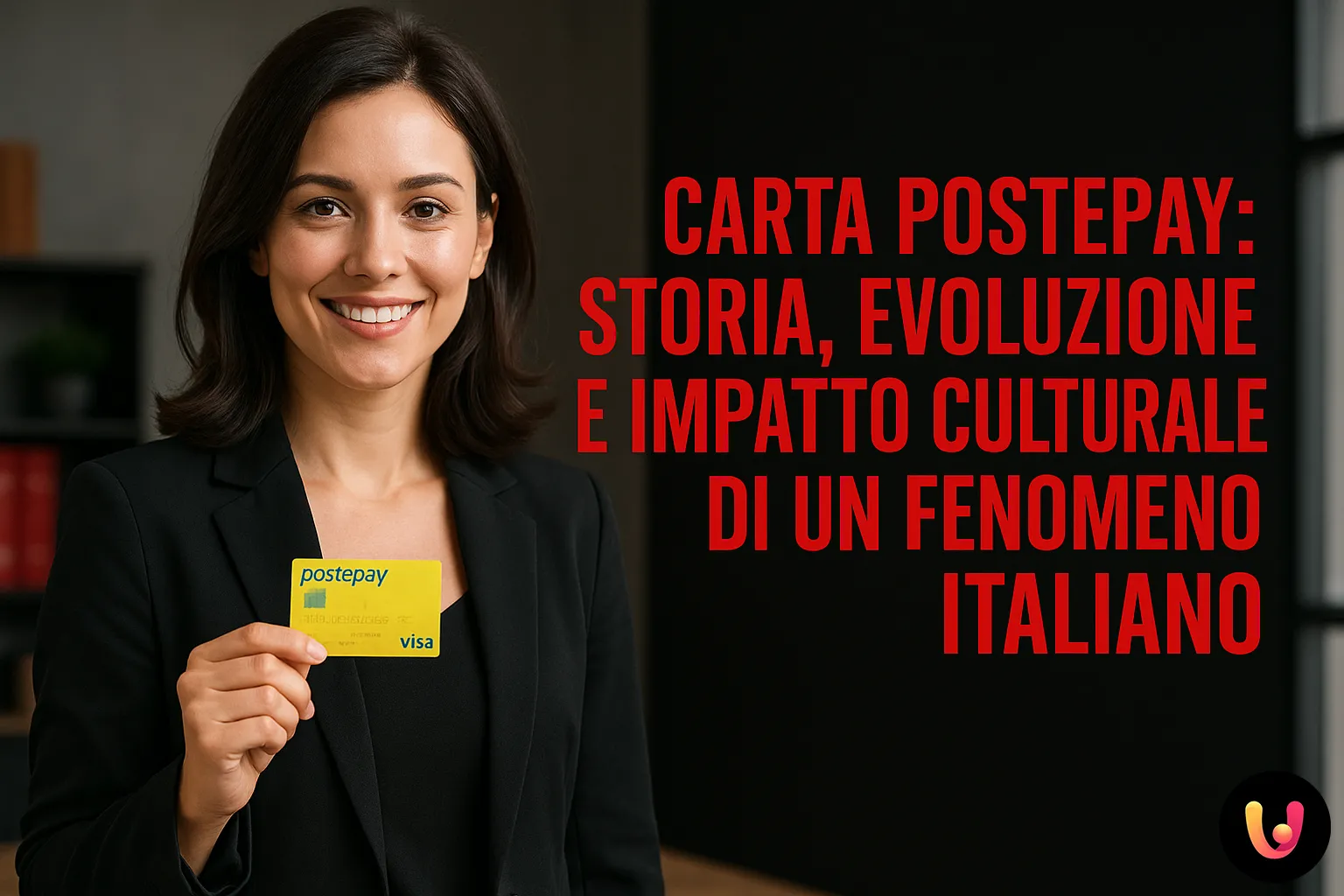 Carta Postepay: storia, evoluzione e impatto culturale Donna professionale con carta Postepay in mano e titolo dell’articolo sullo sfondo nero