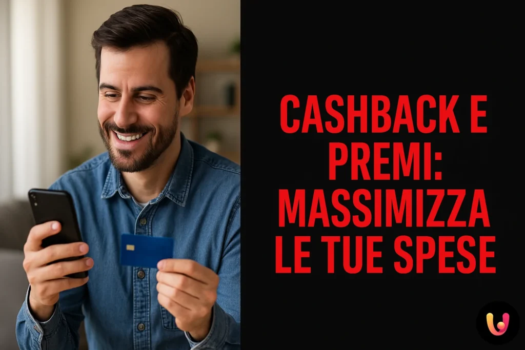 Uomo felice controlla il saldo della sua carta di credito con smartphone e i suoi punti cashback