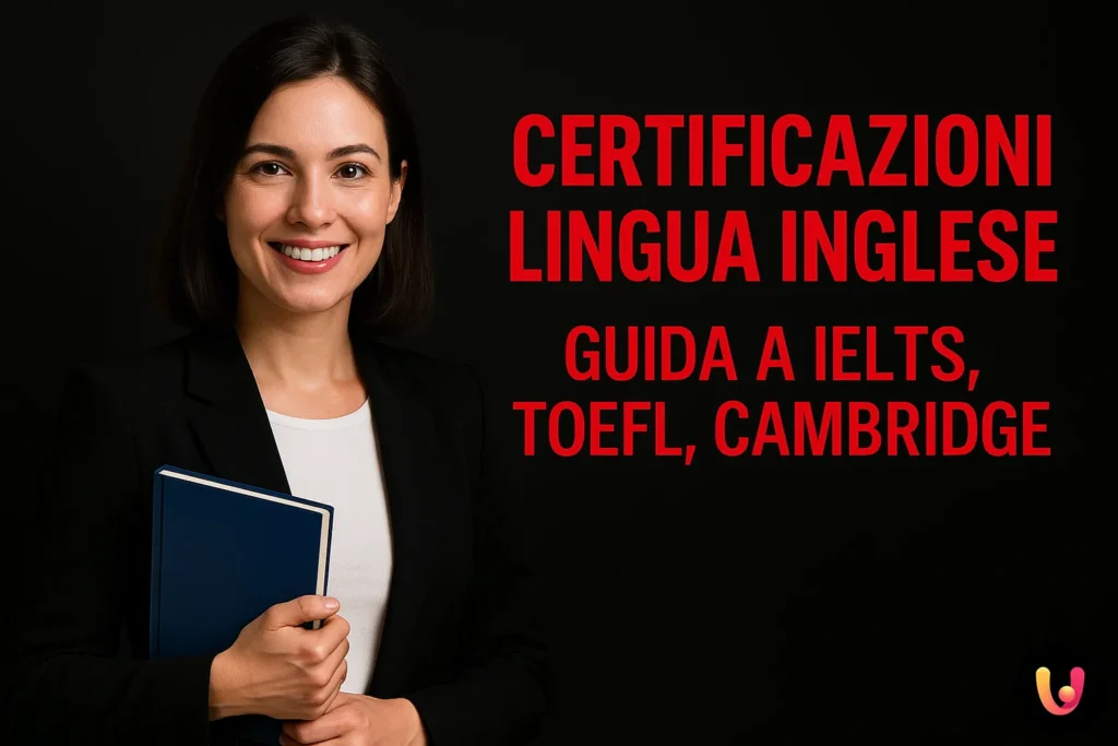 Donna sorridente con libro in mano su sfondo nero con testo rosso &ldquo;CERTIFICAZIONI LINGUA INGLESE: GUIDA A IELTS, TOEFL, CAMBRIDGE&rdquo;